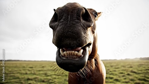 Funny Horse Opens Mouth Wide Laughing Wildly in Rural Grass Field