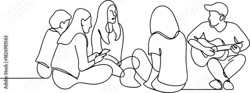 Diverse group of people playing musical instruments silhouette line art isolated on white background