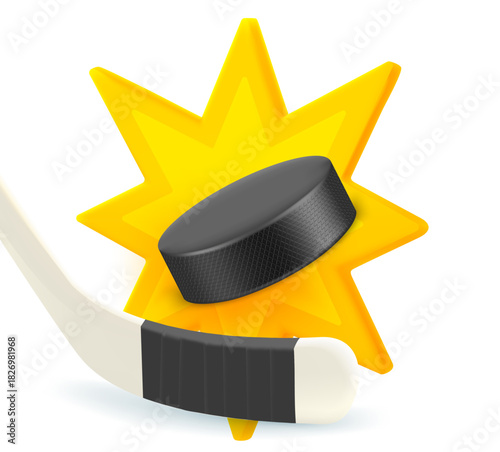Ice hockey stick and puck with explosion. 3d vector illustration