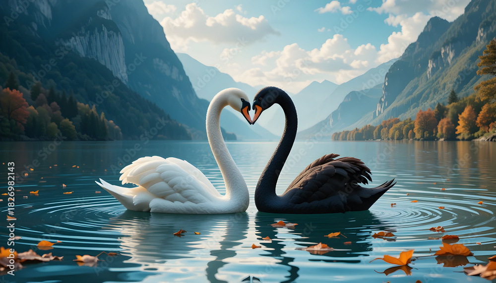 Naklejka premium Romantic white and black swans form a heart on a tranquil lake with mountains