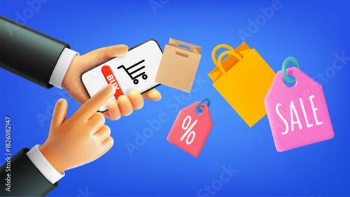 Man do shopping via internet with smartphone. 3d vector illustration