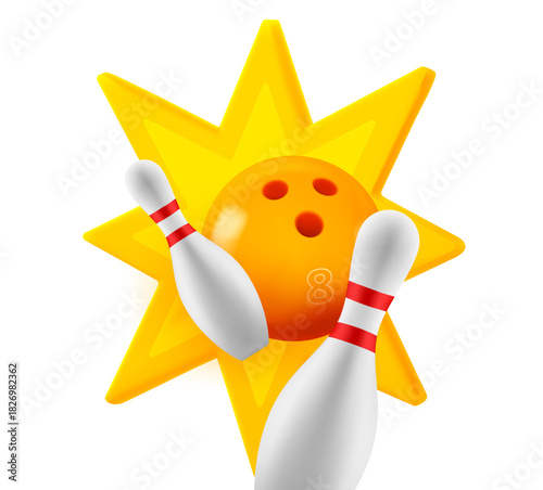 Bowling ball and skittles with explosion. 3d vector illustration