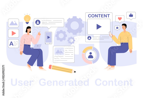 UGC concept. User generated content. Social media marketing. Characters creating content in social media or website. Flat vector illustration for website, landing page, mobile app, poster and banner