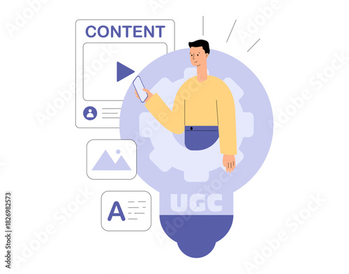 UGC concept. User generated content. Social media marketing. Character creating content in social media or website. Flat vector illustration for website, landing page, mobile app, poster and banner