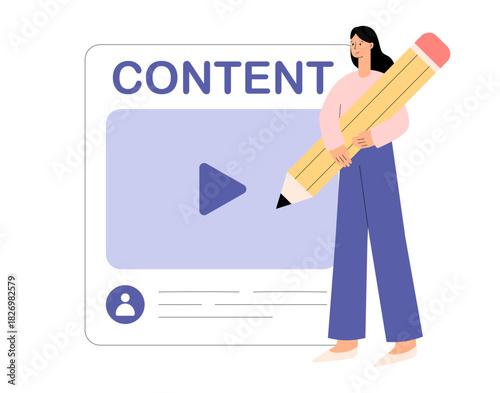 UGC concept. User generated content. Social media marketing. Character creating content in social media or website. Flat vector illustration for website, landing page, mobile app, poster and banner