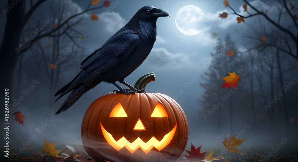Fototapeta premium Glowing jack-o'-lantern with perched raven in misty forest under full moon, Halloween night ambiance