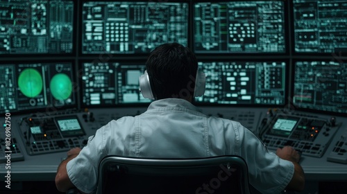 Control Room Operator Monitors Data in High-Tech Environment