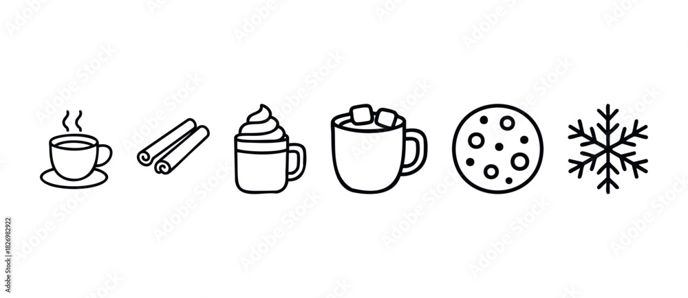 Naklejka premium Collection of simple line icons representing hot drinks, cinnamon sticks, a cookie, and a snowflake for winter or holiday themes.