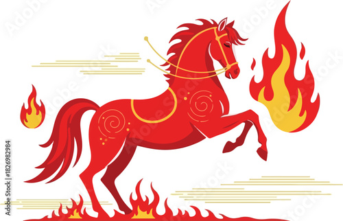 A red horse rears amidst flames adorned with gold accents and harness