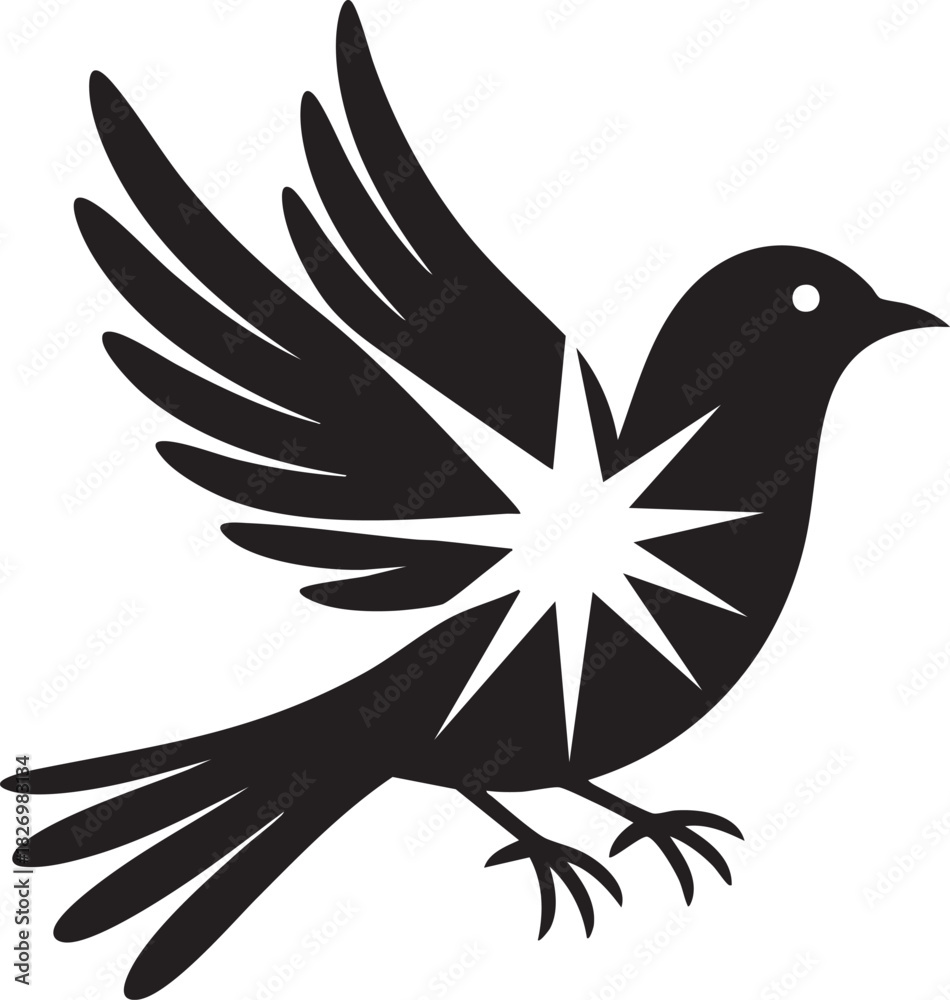 Fototapeta premium Black Bird Silhouette With Starburst Design Element Flying