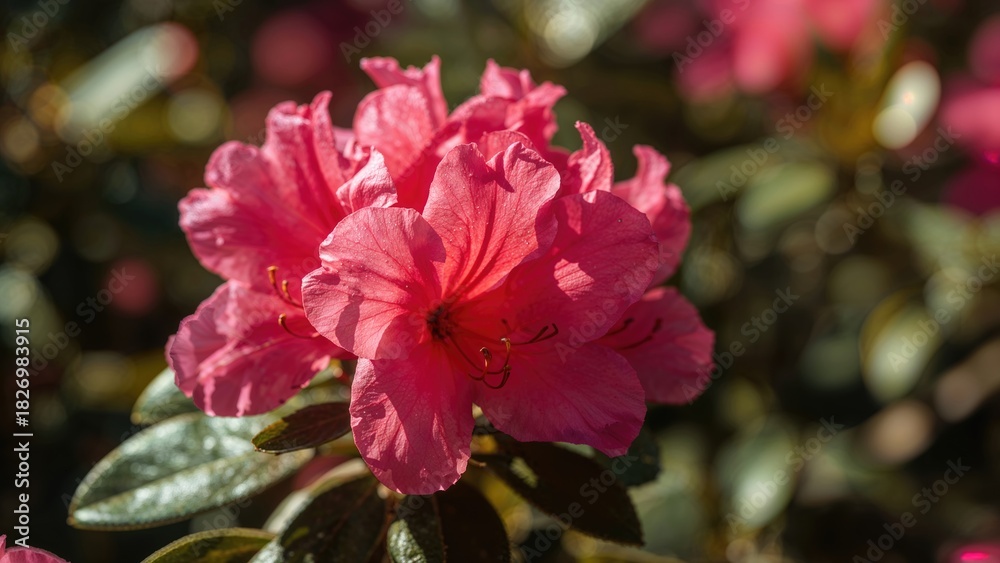 Obraz premium Pink flower bloom with green leaves, close-up photograph.