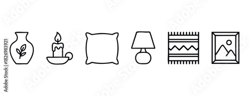 Collection of simple line drawings depicting home decor items like a vase, candle, pillow, lamp, rug, and framed picture for interior design and lifestyle concepts.