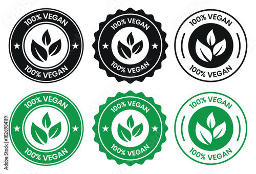 Vegan food icon set badge sign. Bio, Ecology, Organic logos and badges, label, tag. Green leaf on white background. Vector illustration. Vegan food logo, label, sign, badge, symbol, banner.