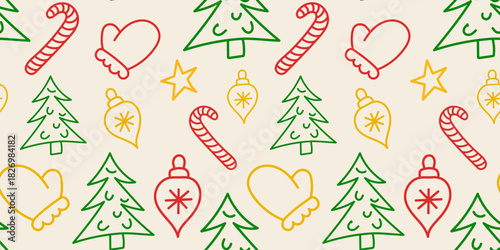 Hand-drawn Christmas seamless pattern with trees, mittens, candy canes and ornaments in red, green and yellow line style on a beige background. Cute festive holiday design