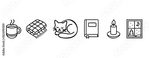 Cozy winter scene icons including a mug of hot drink, blanket, sleeping cat, book, candle, and window view suggesting comfort and relaxation for seasonal themes.