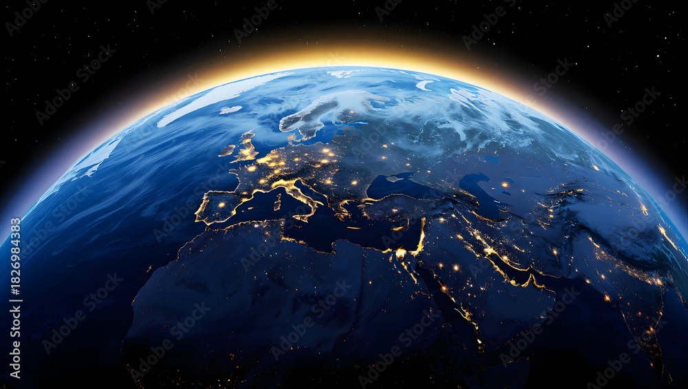 Fototapeta premium Glow of earth s atmosphere at sunrise over illuminated continents with city lights visible from space