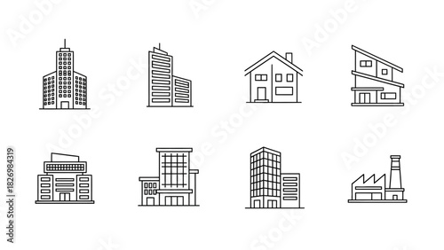Set of diverse modern and traditional building line icons, representing urban and residential architecture for various design projects, construction, and real estate concepts