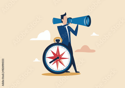 Businessman standing behind large compass looking through binoculars searching for direction opportunity guidance strategic planning concept flat vector illustration