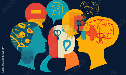 Abstract colorful human profiles with speech bubbles containing brain, lungs, and medical symbols communication and mental health concept flat vector illustration