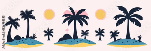 Minimalist tropical island sets with varying groups of palm trees under warm sun, flat style vector illustration for summer or nature design concepts on light background