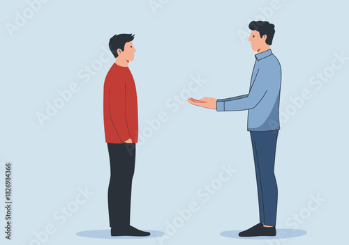 Two men facing each other in discussion one with hands in pockets and the other gesturing with open palm minimal flat vector illustration communication interaction concept