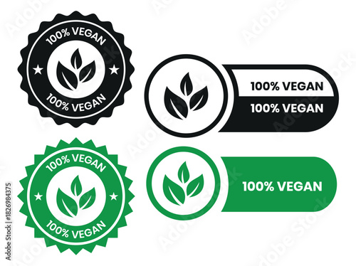 Vegan food icon set badge sign. Bio, Ecology, Organic logos and badges, label, tag. Green leaf on white background. Vector illustration. Vegan food logo, label, sign, badge, symbol, banner.