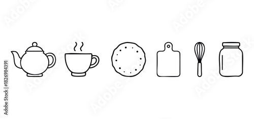 Collection of kitchen and dining icons for cooking and recipe applications including a teapot, cup, pancake, cutting board, whisk, and jar for seamless integration into creative projects.