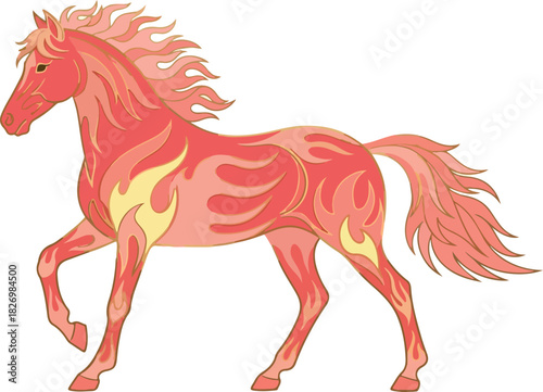 A red horse with flameshaped markings on its body mane and tail