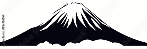 Silhouette of snow capped mountain peak with clouds below minimal black and white landscape vector illustration