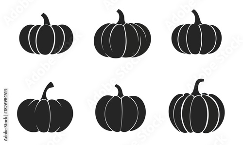 Set of six black pumpkin silhouettes with various shapes and stems isolated on white background for autumn harvest Halloween design and seasonal decoration vector