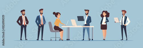 diverse business people team meeting brainstorming work discussion with laptops modern office flat vector illustration