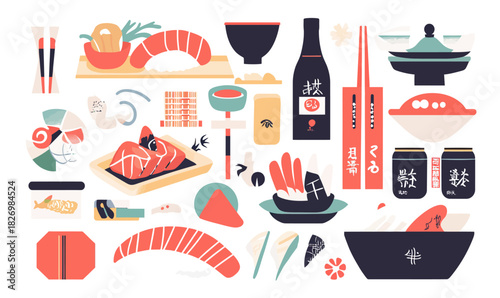 Abstract flat style Japanese sushi food set with chopsticks, soy sauce, sake bottle, nigiri, maki rolls, rice bowl, and cooking pot vector illustration for Asian cuisine concept