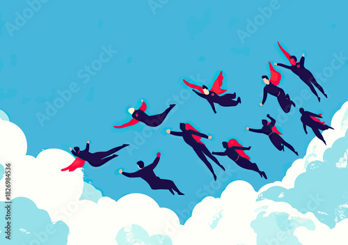 Business people flying with red capes above clouds teamwork unity superhero concept professional growth and success illustration flat vector