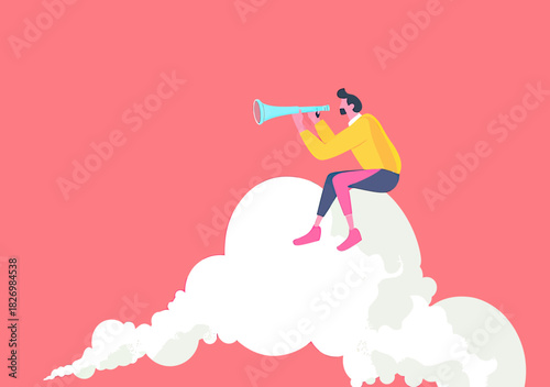 Businessman sitting on a large cloud using telescope for visionary outlook and future planning in flat minimalist style vector illustration with pink background