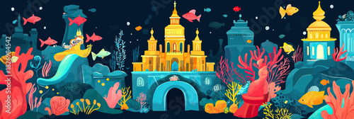 Underwater fantasy mermaid kingdom with vibrant coral reefs colorful fish golden palace and statues in flat minimalist vector style illustration