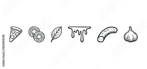 Hand drawn pizza slice, tomato, basil leaf, cheese drip, sausage, and garlic icons representing classic pizza ingredients and toppings for culinary use.