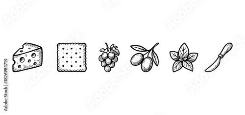 Hand drawn icons of cheese, cracker, grapes, olives, basil and knife for food presentation and menus, perfect for culinary themes and recipe inspiration.