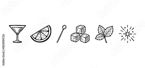 Hand drawn sketchy cocktail icons including a martini glass, lime slice, stirrer, ice cubes, mint leaf, and sparkle for use in beverages menus or websites