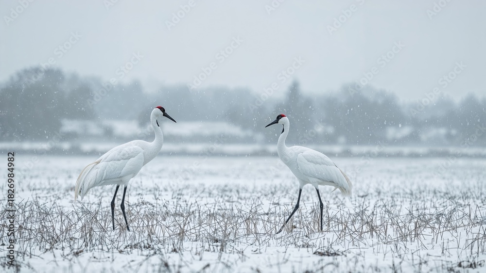 Fototapeta premium Two cranes walking in a snowy landscape in winter scene.
