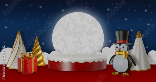 christmas sale banner with 3d christmas tree, gift box and penguin. christmas banner with 3d podium and full moon. christmas background wirh space for your text