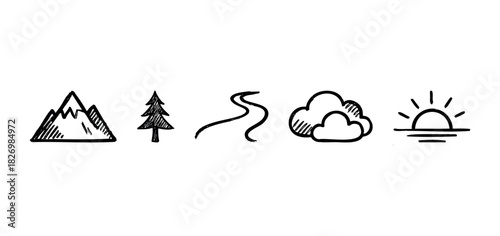 Nature icons of mountains, pine tree, winding river, clouds, and sun rising over horizon for outdoor adventure or travel themes.