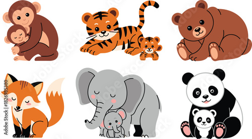 Cartoon animal parents and babies, cute wildlife family illustration, monkey, tiger, bear, fox, elephant, panda, bonding moments