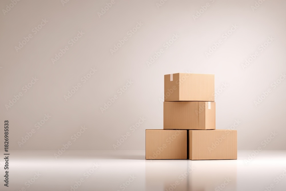 Obraz premium Stacked cardboard boxes in a minimalistic interior space, showcasing the moving house concept with a clean background and soft lighting, ideal for relocation themes
