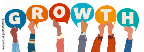 Diverse hands raising speech bubbles that form the word growth to represent collaborative business progress