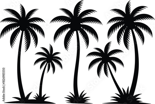 Palm tree silhouette set, tropical nature graphic, black and white beach trees, summer vibe illustration, exotic landscape design
