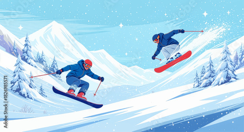 Ski and snowboard athletes jumping on snowy hill. Dynamic winter sports jump on alpine terrain. Extreme skier and snowboarder in mid-air motion. High-energy winter action with ski and board duo