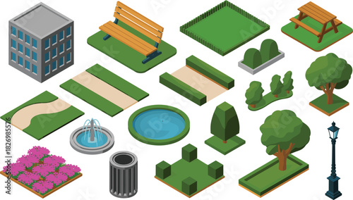 Isometric park elements, urban outdoor assets, green space icons, city landscape features, trees, benches, paths, fountain, pond, lamp, hedge
