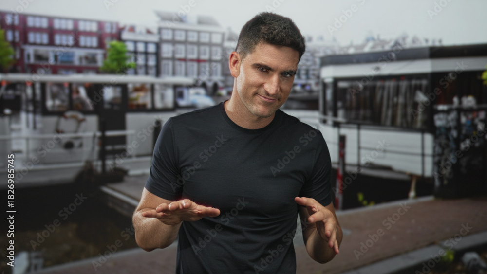 Fototapeta premium Man gesturing hands out palms down on street by canal boat in amsterdam; confidence casual friendliness.