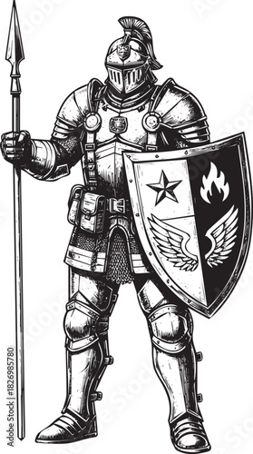 Armored Knight Illustration Standing Ready with Shield and Spear Depicting Strength and Valor in Medieval Warfare