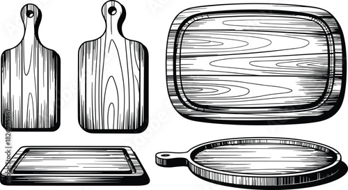Wooden cutting board sketch set, black and white kitchenware illustration, rustic culinary tools, hand-drawn chopping board collection